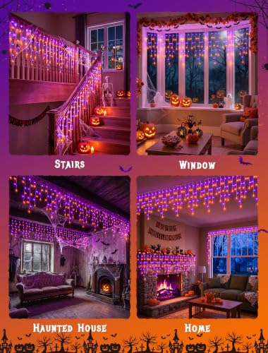 Halloween Icicle Lights Outdoor,300 LED Purple and Orange Lights - color: Orange Purple