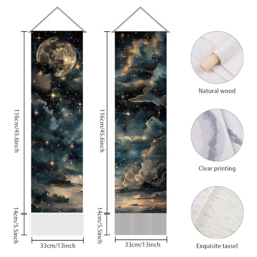 AHANDMAKER Pack of 2 Starry Sky Tapestry, Retro Moon and Stars Vertical Long Aesthetic Celestial Tapestry Doorway Curtain Tassel Wall Hanging for Bedroom Living Room, 13 x 51 Inch - color: Starry Sky