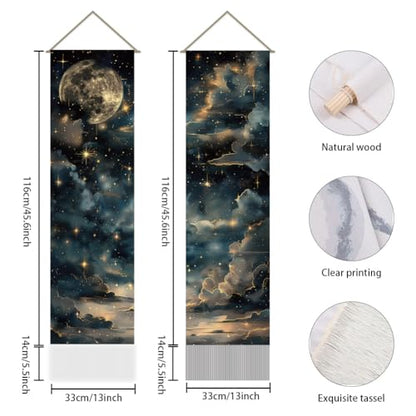 AHANDMAKER Pack of 2 Starry Sky Tapestry, Retro Moon and Stars Vertical Long Aesthetic Celestial Tapestry Doorway Curtain Tassel Wall Hanging for Bedroom Living Room, 13 x 51 Inch - color: Starry Sky