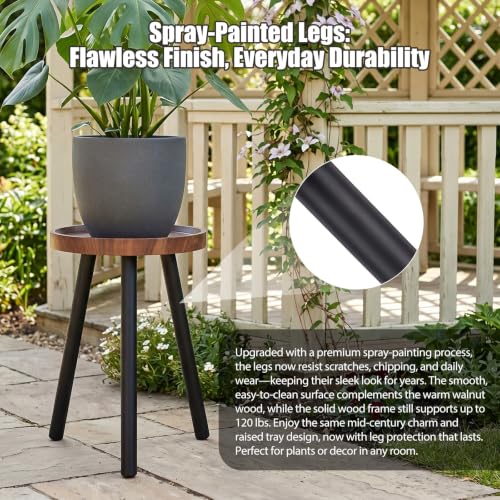 Mid Century Wood Plant Stand – 120 lbs Heavy Duty Plant Stand with Raised Tray & Spray Painted Legs, Solid Wood Side Table for Living Room, Bedroom, Entryway, Small Footprint for Plants, Decor (2 Pcs)