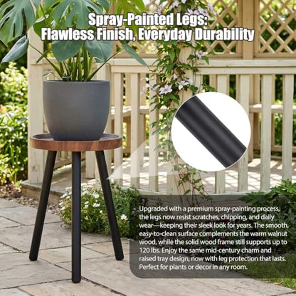 Mid Century Wood Plant Stand – 120 lbs Heavy Duty Plant Stand with Raised Tray & Spray Painted Legs, Solid Wood Side Table for Living Room, Bedroom, Entryway, Small Footprint for Plants, Decor (2 Pcs)