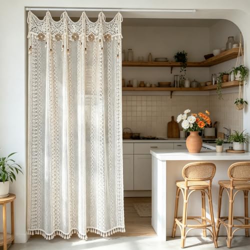 Boho Crochet Lace Sheer Curtains for Living Room Doorway Entryway Window - size: 55"W x 94"L (Pack of 1)