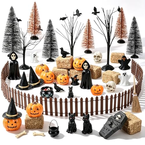 39 PCS Halloween Village Miniature Decorations Mini Halloween Figurines Tiny Resin Spooky Miniature Include Trees Tombstones Pumpkins Ghosts Witch Hats Ravens Fence for Table Haunted House Party Decor - color: Halloween Ghosts