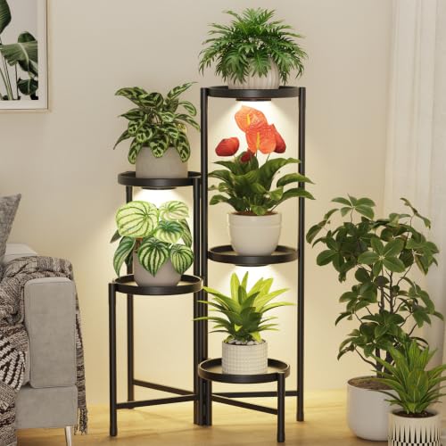 LASZOLA Plant Stand Indoor 10 Inch Large Tray With Lights, 5 Tier Black - color: Black with Light, size: 5 Tier