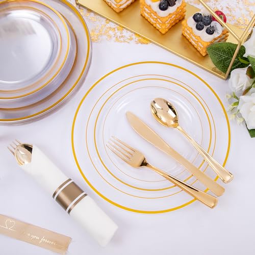 WELLIFE 210PCS Clear-Gold Plastic Plates - Dinnerware Sets for 30 Guests - 60 Disposable Plates, 90 Plastic Silverware, 30 Cups, 30 Napkins for Party - color: Clear and Gold, style: 210PCS（30 Guests）