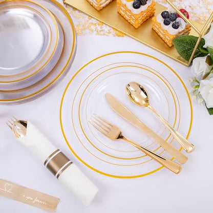 WELLIFE 210PCS Clear-Gold Plastic Plates - Dinnerware Sets for 30 Guests - 60 Disposable Plates, 90 Plastic Silverware, 30 Cups, 30 Napkins for Party - color: Clear and Gold, style: 210PCS（30 Guests）