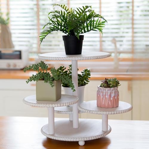 GENMOUS 4 Tiered Beaded Cake and Cupcake Stand Combo for Birthday Party Decor, Rustic Wooden Cupcake Tower Stands for 50 Cupcakes, White Cupcake Tier Stand Display for Wedding Baby Shower Tea Party