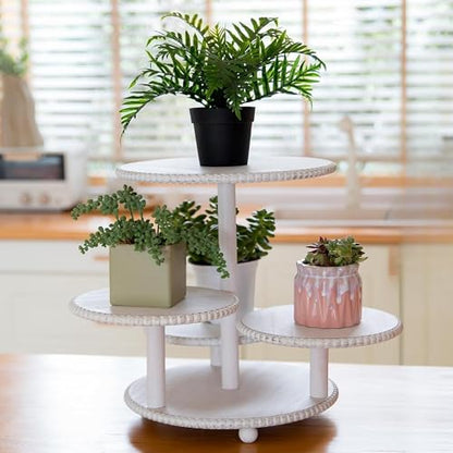 GENMOUS 4 Tiered Beaded Cake and Cupcake Stand Combo for Birthday Party Decor, Rustic Wooden Cupcake Tower Stands for 50 Cupcakes, White Cupcake Tier Stand Display for Wedding Baby Shower Tea Party