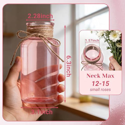 Mason Jar Glass Vases 6 Pack, Pink Flower Vase for Centerpieces - color: Pink