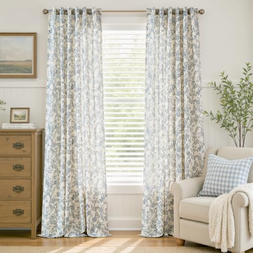 Lazzzy Extra Long Blue Floral Linen Curtains Farmhouse Rod Pocket 2 Panels - color: Blue on Beige, size: 50"W x 108"L (Pack of 2)