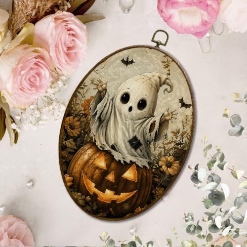 JQF Halloween Pumpkin Witchy Ghost Oval Wall Decor Framed 8.5x11.5 Inch - color: fall ghost-1