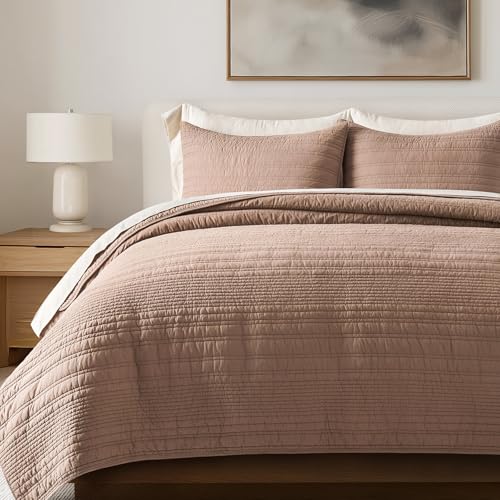 EVERGRACEHOME 100% Cotton Modern Lines Quilt Set Queen Size, Rose Dust - color: Rose Dust, size: Full/Queen (92" X 92")