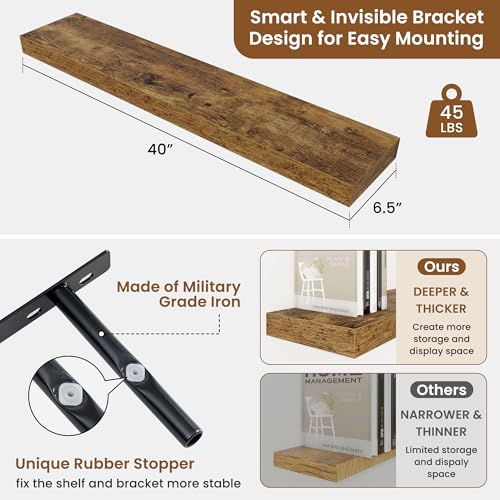 Floating Shelves for Wall, Wall Mounted Wood Shelves, Brown, Set of 2, 40in - color: Rustic Brown, size: 40"W x 6.5"D , 2 Pack