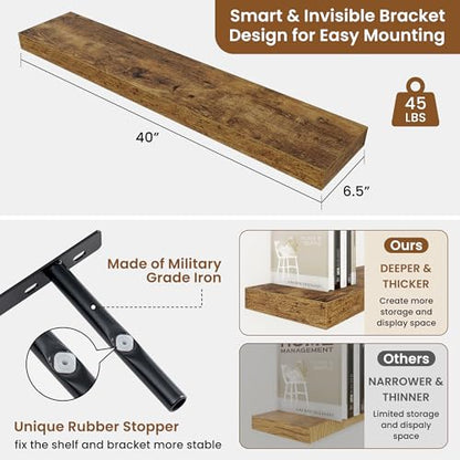 Floating Shelves for Wall, Wall Mounted Wood Shelves, Brown, Set of 2, 40in - color: Rustic Brown, size: 40"W x 6.5"D , 2 Pack