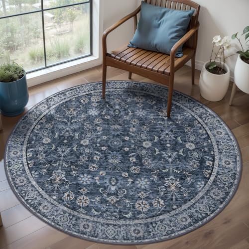 Tangsoo Small Washable Round Area Rug 3ft,Vintage Blue Circle Rug Non Slip - color: Distressed Blue Black, size: 3' X 3' (Round)