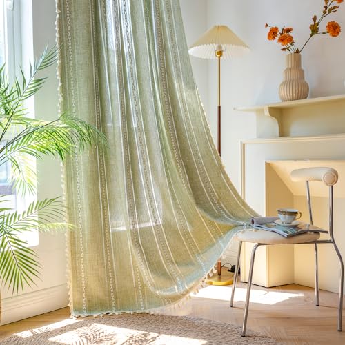 Deeprove Green Boho Linen Curtains 72 inches Length for Bedroom Living Room Dining Nursery Closet, Hollow Sage Semi Sheer Curtains Darkening Embroidery Drape Window Treatment, 1 Panel W52 x L72 - color: Green, size: 52"W x 72"L (Pack of 1)