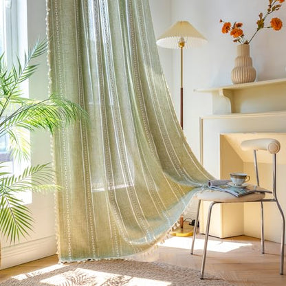 Deeprove Green Boho Linen Curtains 72 inches Length for Bedroom Living Room Dining Nursery Closet, Hollow Sage Semi Sheer Curtains Darkening Embroidery Drape Window Treatment, 1 Panel W52 x L72 - color: Green, size: 52"W x 72"L (Pack of 1)