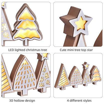 Christmas Tabletop Decorations, Lighted Wooden Christmas Tree Table Decor, Indoor Xmas Tree Block Sign with LED Lights, Farmhouse Winter Holiday Centerpiece for Mantel Shelf (White)
