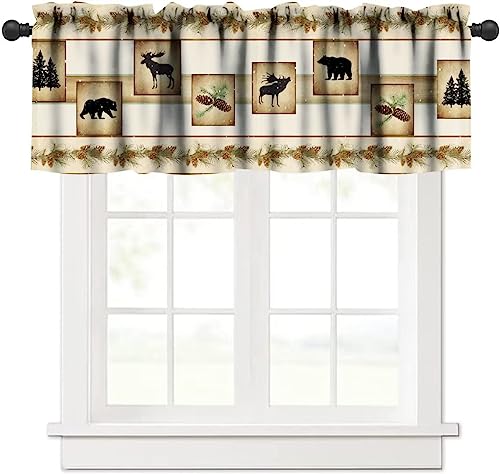 Retro Woodland Valance,Cabin Rustic Lodge Brown Green Pinecone Print Blackout Curtain Valance,Vintage Bear Deer Short Topper Curtain for Bedroom Living Room Kitchen,54x18in - color: Bear-6