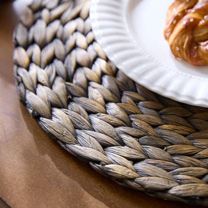10 Pack, Round Woven Placemats, Natural Water Hyacinth Wicker Place Mats, Braided Straw Table Mats for Dining Table, Fall, Halloween, Thanksgiving, Christmas, Black (13.8 inch) - color: Black (Set of 10)