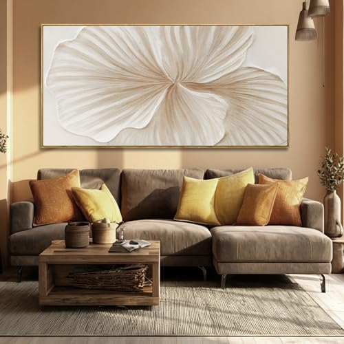 Large Framed White Textured Floral Wall Art for Living Room 29x58 Inch - color: White and gold, size: 58"L x 29"W