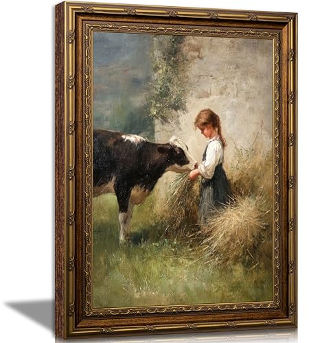 Kouserlin Farmhouse Girl Framed Wall Art Girl With cow Wall Decor 9×11 Inch - color: 【 Girl Feeding Cow】, size: 11''L×9''W