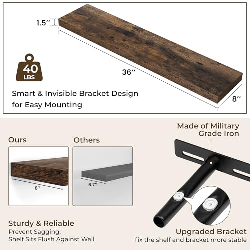 RICHFOCUS 36Inch Floating Shelves for Wall 2Pack|Rustic Brown|8" D - color: Rustic Brown, size: 36"L x 8"D, Set of 2