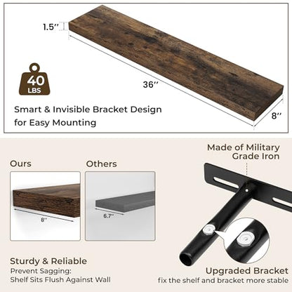 RICHFOCUS 36Inch Floating Shelves for Wall 2Pack|Rustic Brown|8" D - color: Rustic Brown, size: 36"L x 8"D, Set of 2