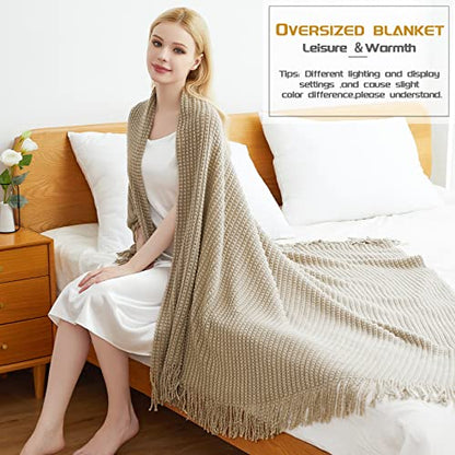 Blagic Knit Throw Blanket for Couch and Bed with Tassels,Camel, 50"x60" - color: I-camel, size: 50 × 60 in