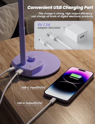 BOHON LED Desk Lamp with USB Charging Port, 3 Color Modes Dim, Lilac Purple - color: Lilac Purple