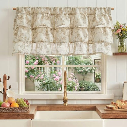 jinchan Amlie Ruffled Floral Valance Curtain 1 Panel 18 Inch Taupe on Linen - color: Amlie Taupe on Linen