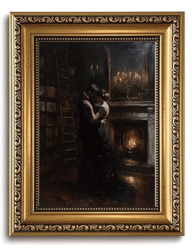 LHHJDIO Vintage Gold Framed Wall Art Dark Academia Couple Canvas Wall Art Gothic Library Couple Scene Pictures Wall Decor Elegant Moody Art Prints for Living Room Bedroom Study - color: Dark-2, size: 10"L x 8"W