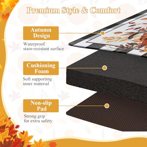 SHACOS Fall Anti Fatigue Kitchen Mats Pumpkins Gnome 17x27.5+17x47 | Orange Maple Black White Checkered Autumn Harvest Cushioned Kitchen Rugs Sets of 2 Non Slip Kitchen Floor Mat - color: Pumpkins Black Plaid