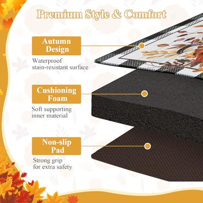 SHACOS Fall Anti Fatigue Kitchen Mats Pumpkins Gnome 17x27.5+17x47 | Orange Maple Black White Checkered Autumn Harvest Cushioned Kitchen Rugs Sets of 2 Non Slip Kitchen Floor Mat - color: Pumpkins Black Plaid