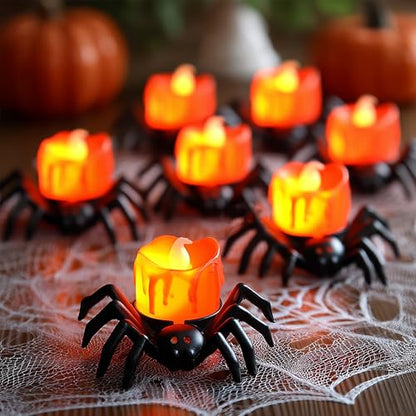 Dazzle Bright 12 Pack Halloween Spider Tea Lights Candles, Battery Operated LED Flameless Spider Candles Holder Lights, Spooky Halloween Decorations for Party Table Home Decor