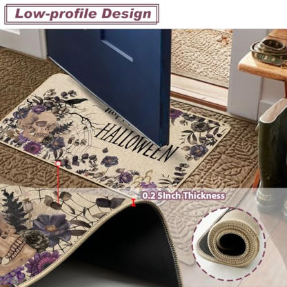 Baccessor Halloween Skull Kitchen Rugs Set of 2, 17x29 and 17x47 Inch - color: Purple Floral