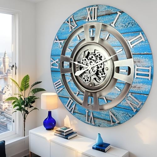 ImprovingLife The Gears Clock Real Moving Gear Wall Clock England Line (Ocean Blue, 36 inches (90 cm)) - color: Ocean Blue, size: 36 inches (90 cm)