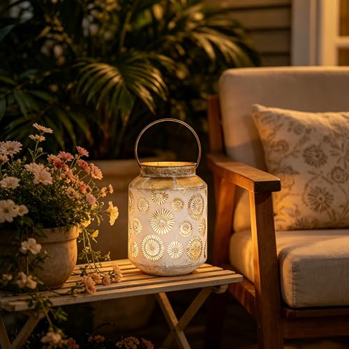 Rustic Metal Hanging Lantern, 8.66" H Vintage Distressed Gold Firework Cutout Decorative Lantern for Indoor Outdoor Use, Tabletop Patio Wedding Centerpiece, Fits Pillar & LED Candles - color: Gold