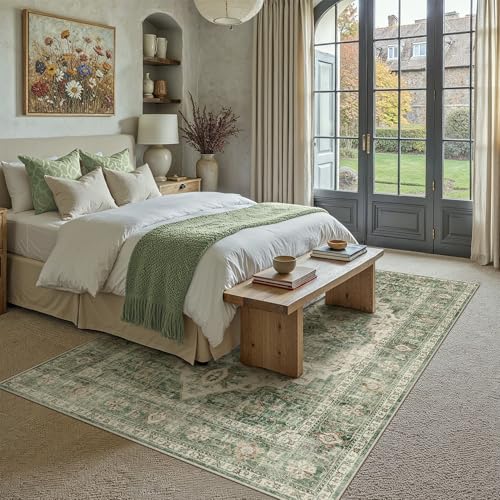HUGEAR 6x9 Green Retro Floral Washable Area Rug for Living Room - color: B| Green, size: 6' x 9' (Rectangular)