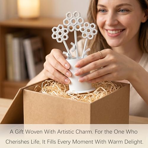 White Iron Flower Vase Sculpture for Living Room, Dining Room and Bathroom, Modern Floral Art Piece for Home and Office Tabletop Display