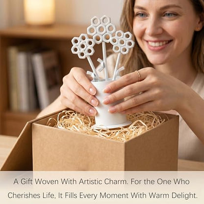 White Iron Flower Vase Sculpture for Living Room, Dining Room and Bathroom, Modern Floral Art Piece for Home and Office Tabletop Display
