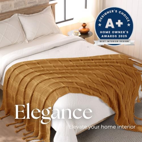 Boho Knitted Chenille Blanket with Tassels - Lightweight & Soft All-Season Throw - 3D Classic Pattern for Living Room Bedroom Couch, Amber Brown, Queen 90"x90" - color: Amber Brown, size: Queen