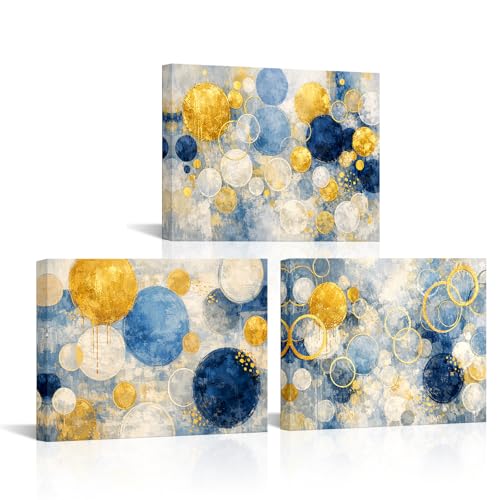 Nachic Wall Blue Gold Abstract Wall Art Canvas Circles Paintings Geometric Pictures for Bedroom Bathroom Wall Decor 12"x16"x3pcs