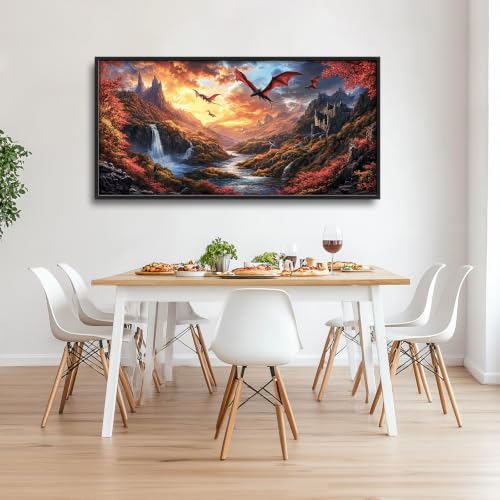 Voxlyra Framed Fall Mountain Dragon Wall Art for Living Room 60'' × 30'' - color: Dragon