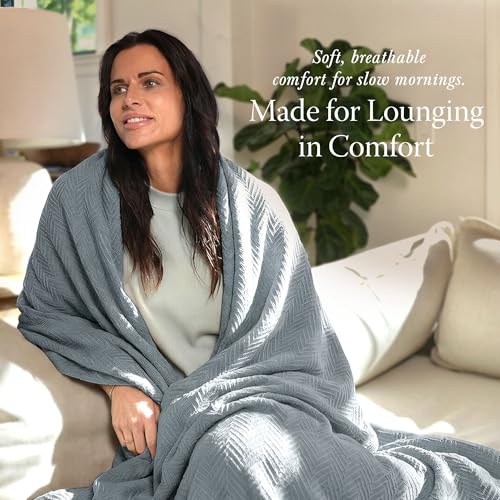 Threadmill Luxury 100% Cotton Queen Herringbone Blanket, Scottish Grey - color: Scottish Grey, size: Queen (90" x 92")