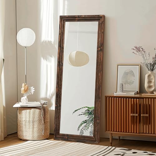 58x22in Full Length Mirror, 3-Tier Stepped Solid Wood Frame, Brown - color: Brown, size: 58"L x 22"W
