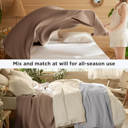 Bedsure Lightweight 100% Cotton Waffle Blanket, Twin XL, Coffee Brown - color: Coffee Brown, size: Twin Xl (66" X 90")