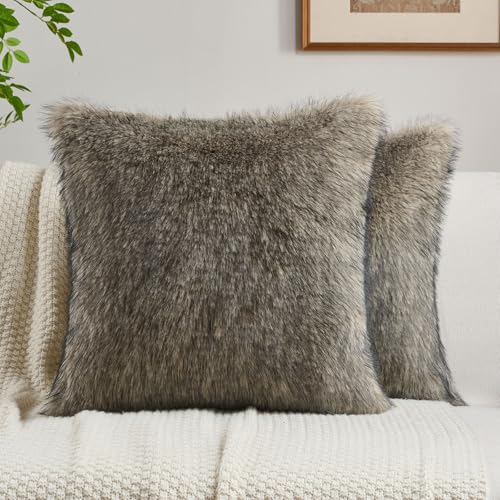 FUTEI Pack of 2 Faux Raccoon Fur Throw Pillow Covers 45 x 45 cm, Gray Green - color: Gray Green