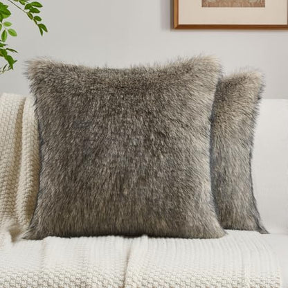 FUTEI Pack of 2 Faux Raccoon Fur Throw Pillow Covers 45 x 45 cm, Gray Green - color: Gray Green