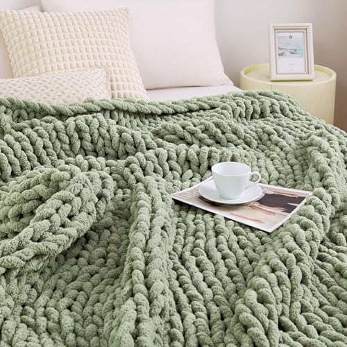 Chunky Knit Blanket Throw for Couch, 51"x63" Chunky Yarn Knitted Blankets - color: Sage Green, size: 51"x63"